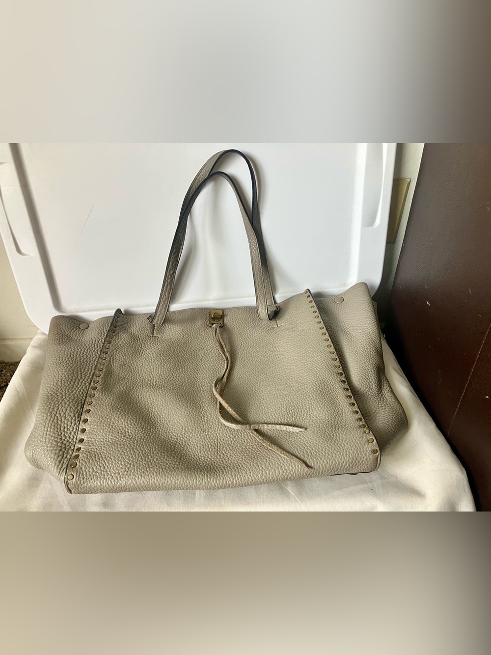Rebecca Minkoff Darren Tote Bag Grey Taupe Pebbled Leather Shoulder Purse USED